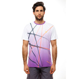 Man wearing a white t-shirt with a colorful abstract design on a white background