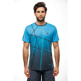 Man wearing a blue athletic shirt with geometric design on a white background