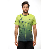 Man wearing a green and black athletic shirt with geometric design on a white background